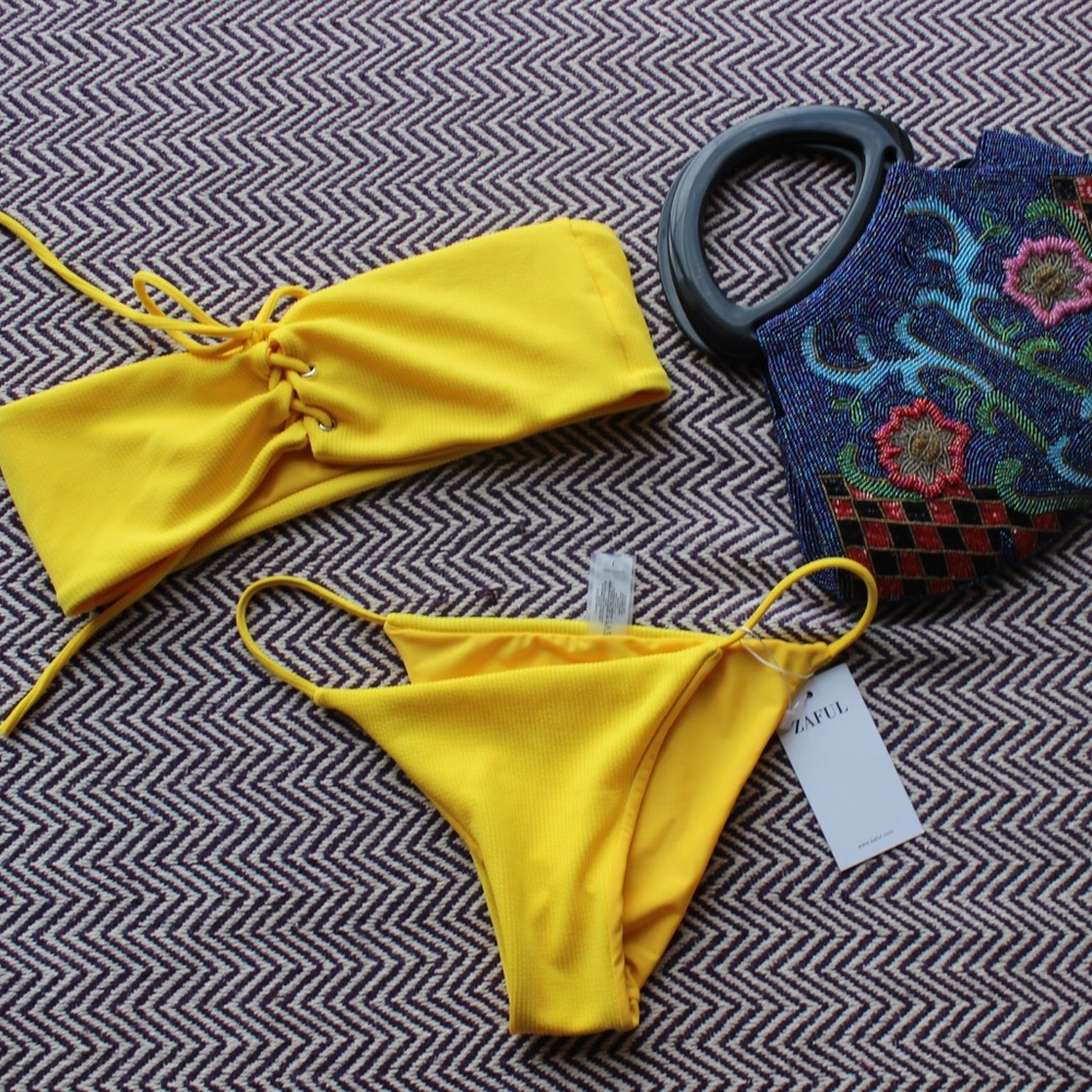 NWT Zaful Yellow Lace Up Bandeau Bikini